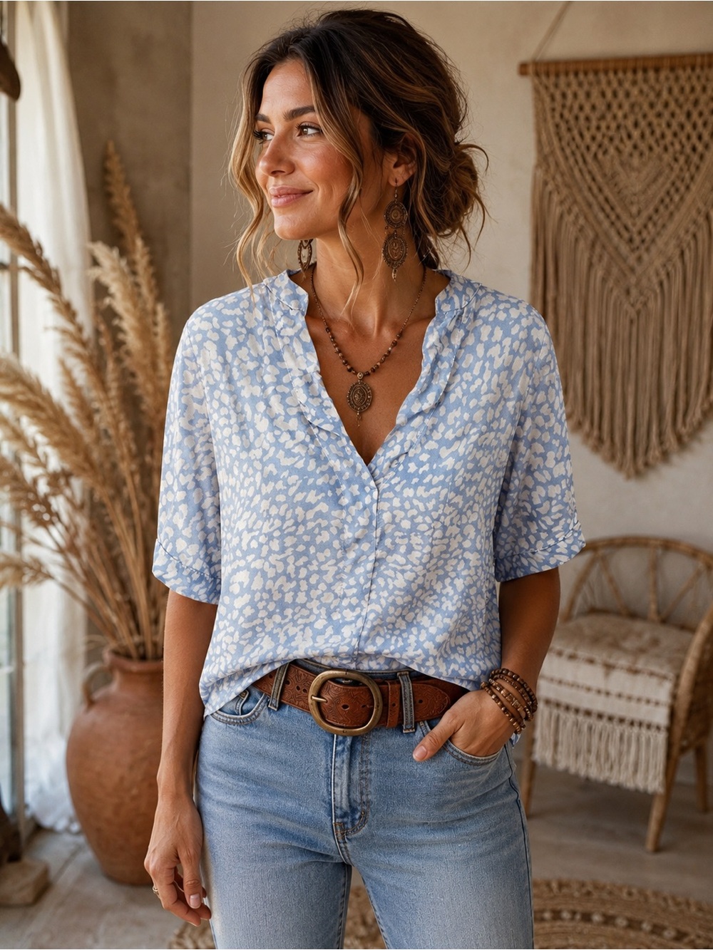 Indigo Soul Blue & White Boho Print Blouse – Size Large